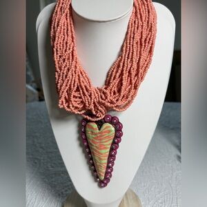 Sookie Sookie Green Brown and Pink Necklace with Heart Pendant Signed